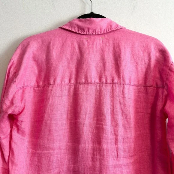 Anthropologie Maeve Linen Ruched Sleeve Button Down Shirt Pink XXS - Picture 9 of 11